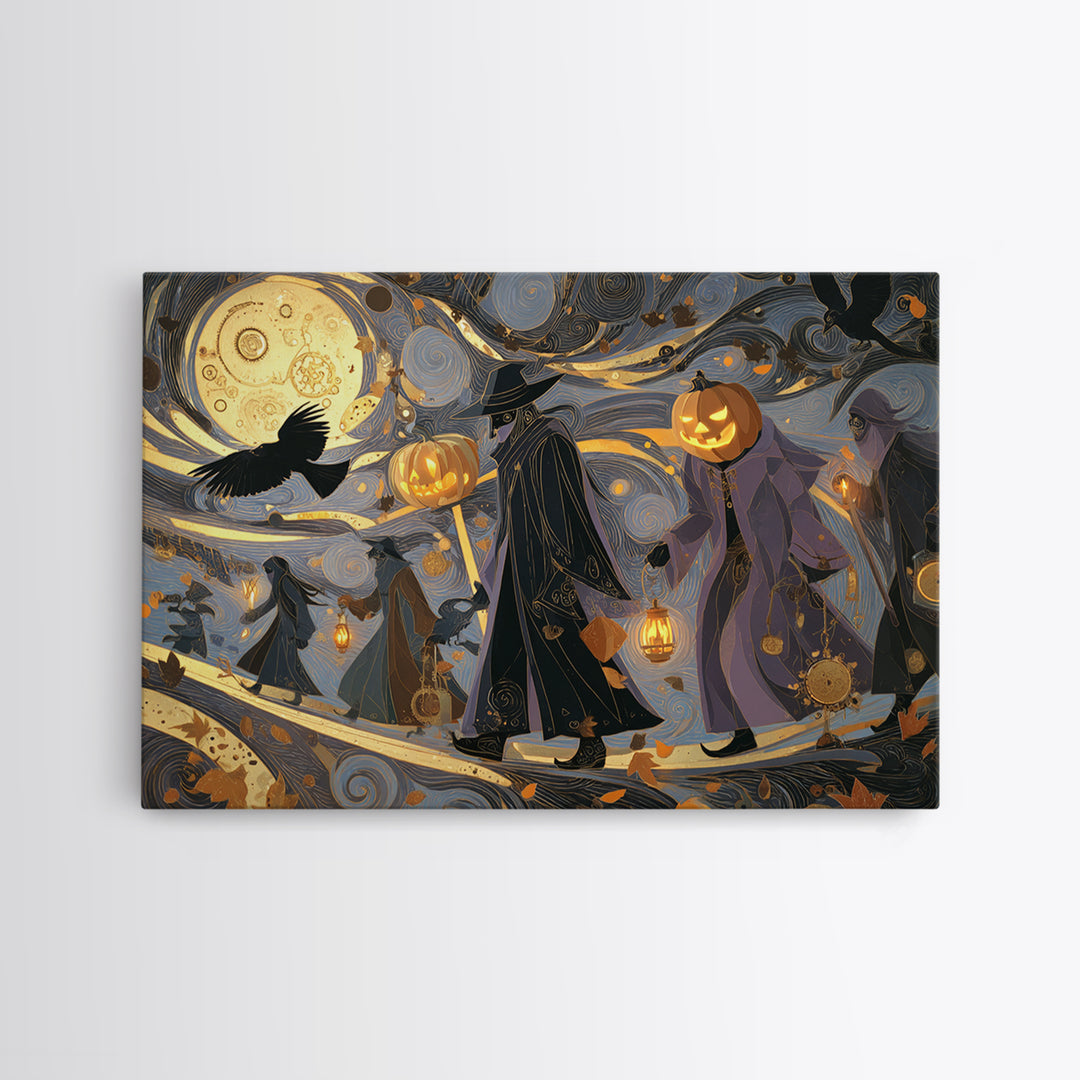The Clockwork Jack-O-Lantern - Procession Scene, Halloween Wall Art, Landscape Wall Art, Framed Canvas Print, Halloween Home Decor