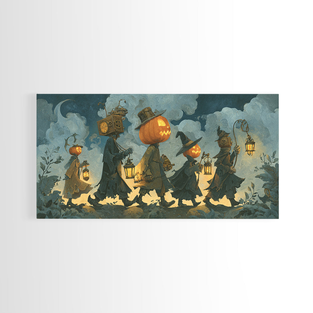 The Clockwork Jack-O-Lantern - Procession Scene, Gothic Home Decor, Wide Panoramic Art, Canvas Print, Halloween Home Decor, Gothic Wall Art