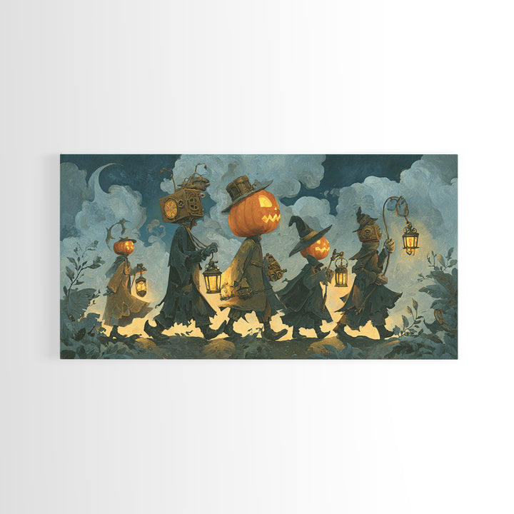 The Clockwork Jack-O-Lantern - Procession Scene, Gothic Home Decor, Wide Panoramic Art, Canvas Print, Halloween Home Decor, Gothic Wall Art