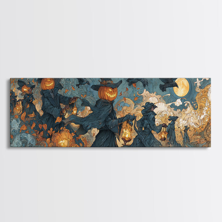 The Clockwork Jack-O-Lantern - Procession Scene, Occult Wall Decor, Extra Wide Wall Art, Canvas Print, Halloween Home Decor, Gothic Wall Art
