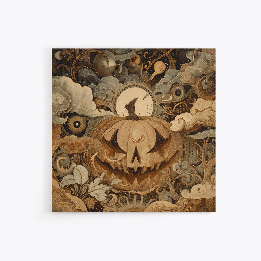 The Clockwork Jack-O-Lantern - Surreal Celestial Vision, Spooky Wall Decor, Square Wall Art, Framed Canvas Print, Halloween Home Decor