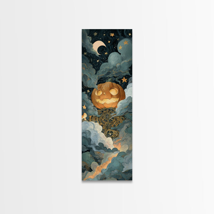 The Clockwork Jack-O-Lantern - Surreal Celestial Vision, Gothic Home Decor, Tall Narrow Wall Art, Canvas Print, Halloween Home Decor