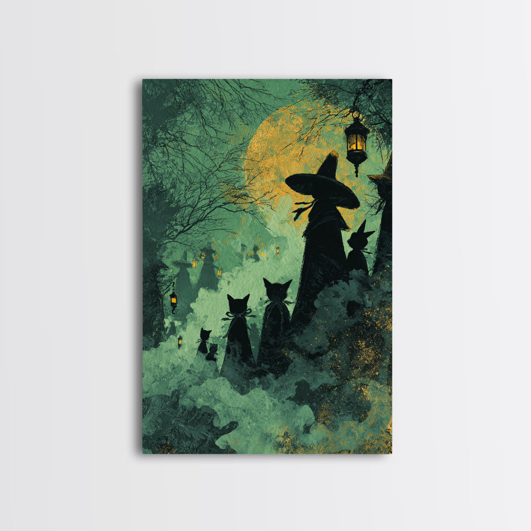 The Moonlit Cat Masquerade - Icon Portrait, Spooky Wall Decor, Vertical Wall Art, Framed Canvas Print, Halloween Home Decor, Gothic Wall Art