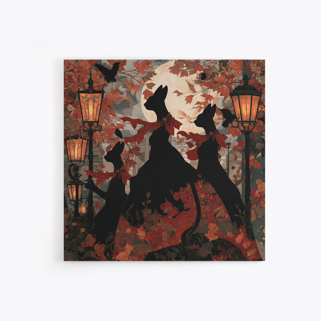 The Moonlit Cat Masquerade - Icon Portrait, Macabre Halloween Art, Square Wall Art, Framed Canvas Print, Halloween Home Decor