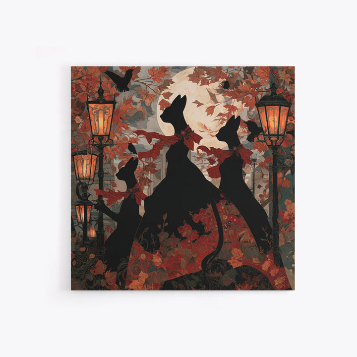The Moonlit Cat Masquerade - Icon Portrait, Macabre Halloween Art, Square Wall Art, Framed Canvas Print, Halloween Home Decor