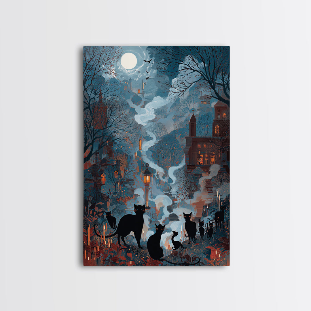 The Moonlit Cat Masquerade - Environmental Panorama, Dark Fantasy Wall Art, Vertical Wall Art, Canvas Print, Halloween Home Decor