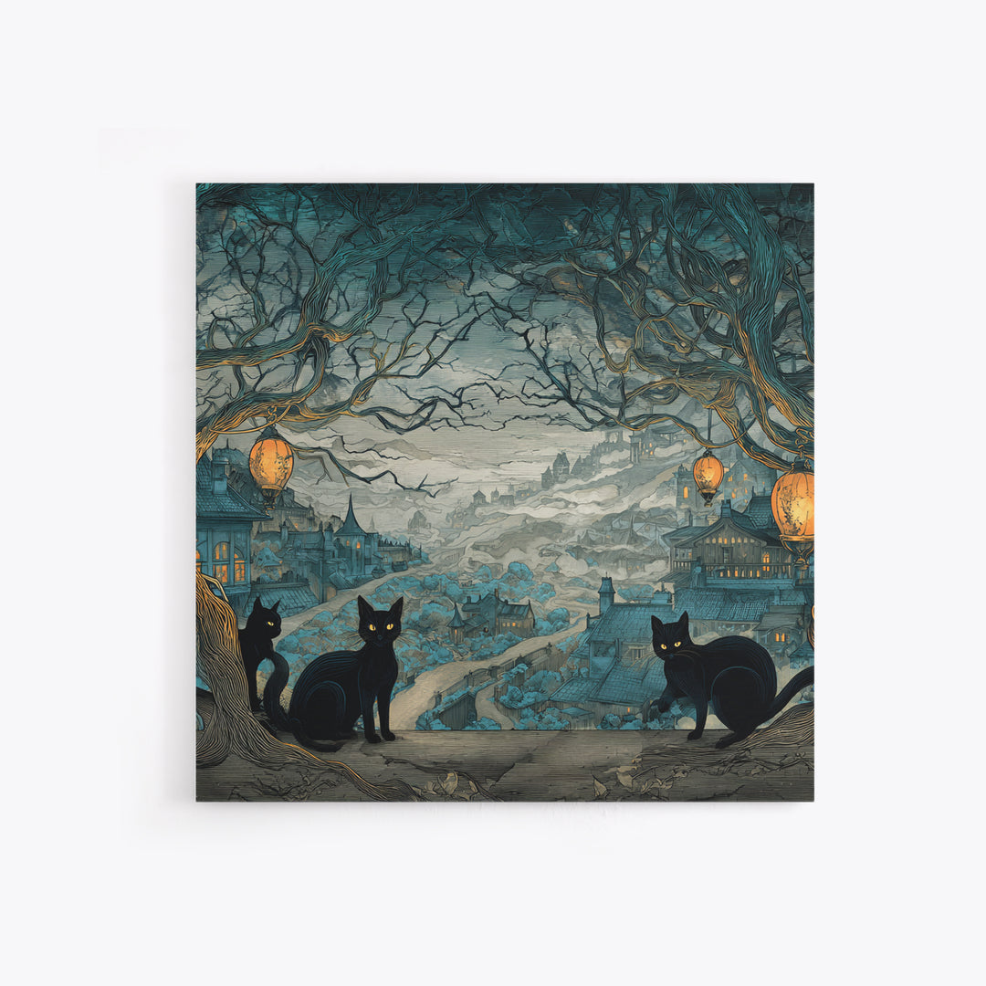 The Moonlit Cat Masquerade - Environmental Panorama, Spooky Wall Decor, Square Wall Art, Framed Canvas Print, Halloween Home Decor
