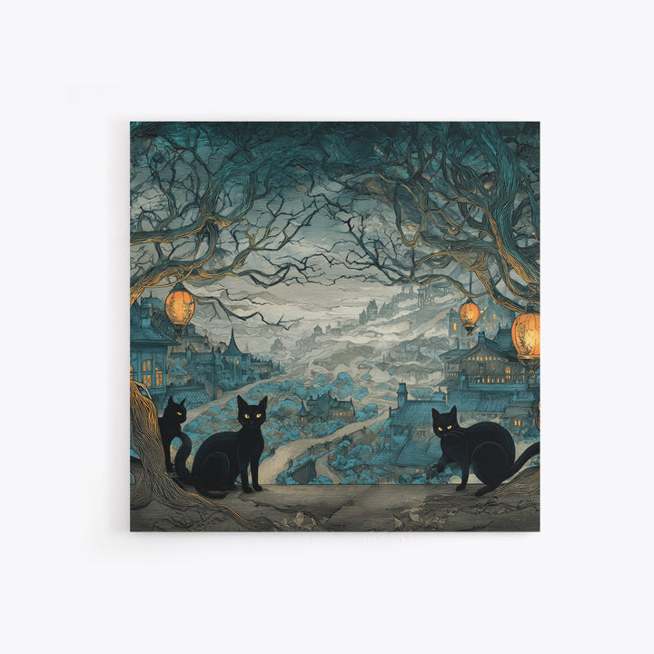 The Moonlit Cat Masquerade - Environmental Panorama, Spooky Wall Decor, Square Wall Art, Framed Canvas Print, Halloween Home Decor