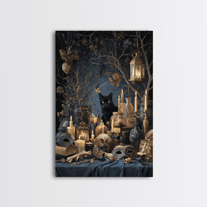 The Moonlit Cat Masquerade - Occult Still Life, Halloween Wall Art, Vertical Wall Art, Framed Canvas Print, Halloween Home Decor