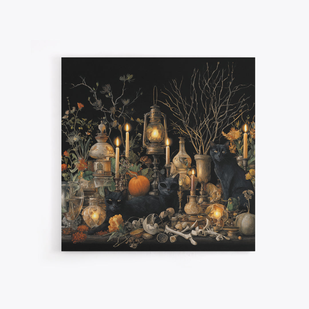 The Moonlit Cat Masquerade - Occult Still Life, Dark Fantasy Wall Art, Square Wall Art, Canvas Print, Halloween Home Decor, Gothic Wall Art