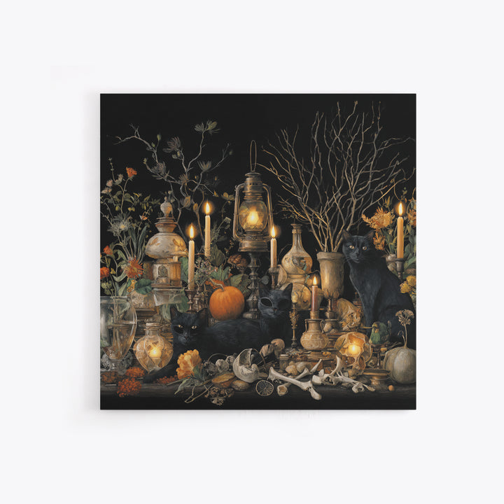 The Moonlit Cat Masquerade - Occult Still Life, Dark Fantasy Wall Art, Square Wall Art, Canvas Print, Halloween Home Decor, Gothic Wall Art
