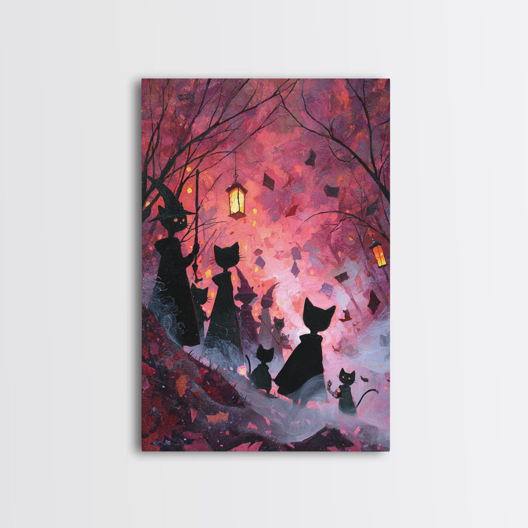The Moonlit Cat Masquerade - Procession Scene, Macabre Halloween Art, Vertical Wall Art, Framed Canvas Print, Halloween Home Decor