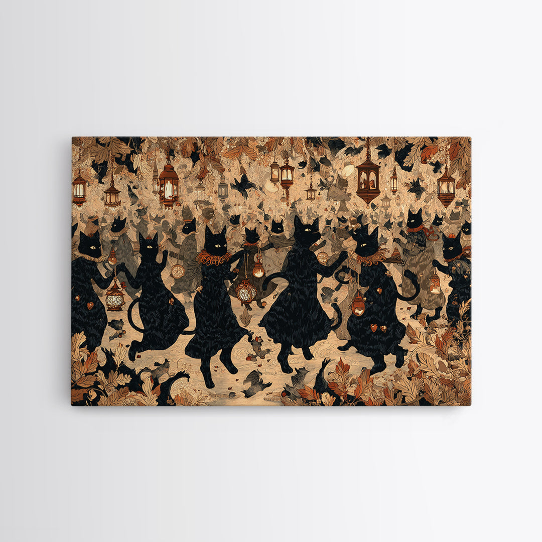 The Moonlit Cat Masquerade - Procession Scene, Dark Fantasy Wall Art, Landscape Wall Art, Canvas Print, Halloween Home Decor