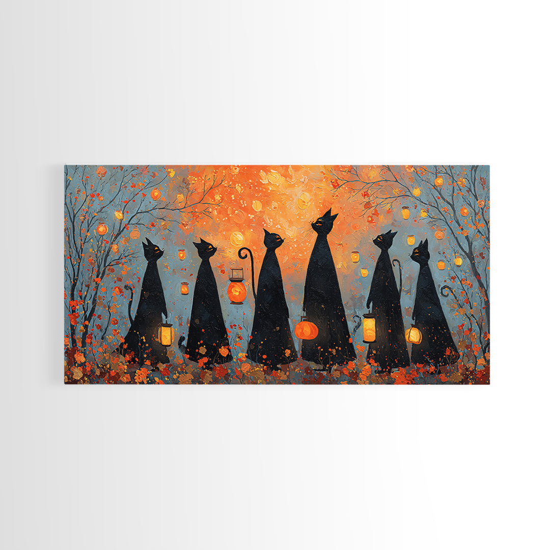 The Moonlit Cat Masquerade - Procession Scene, Spooky Wall Decor, Wide Panoramic Art, Framed Canvas Print, Halloween Home Decor