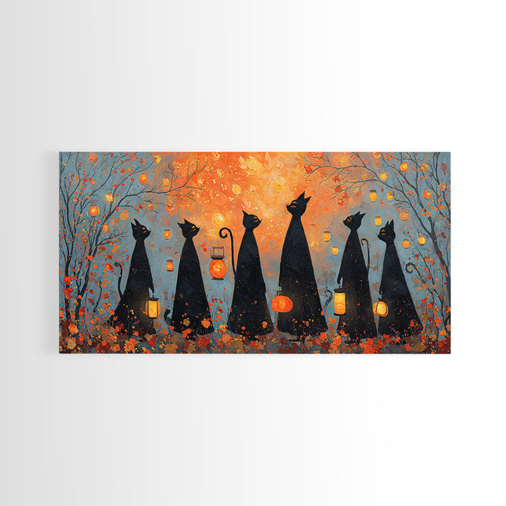 The Moonlit Cat Masquerade - Procession Scene, Spooky Wall Decor, Wide Panoramic Art, Framed Canvas Print, Halloween Home Decor