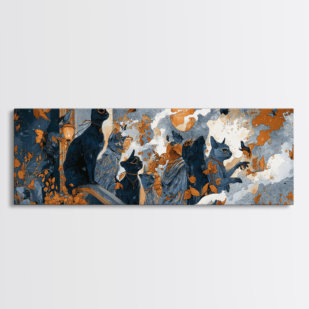 The Moonlit Cat Masquerade - Procession Scene, Halloween Wall Art, Extra Wide Wall Art, Framed Canvas Print, Halloween Home Decor
