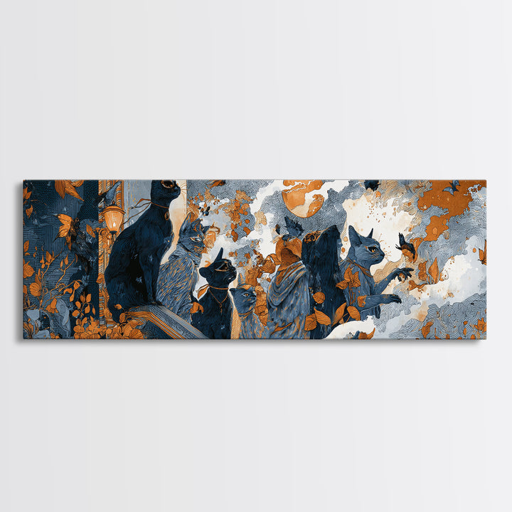 The Moonlit Cat Masquerade - Procession Scene, Halloween Wall Art, Extra Wide Wall Art, Framed Canvas Print, Halloween Home Decor