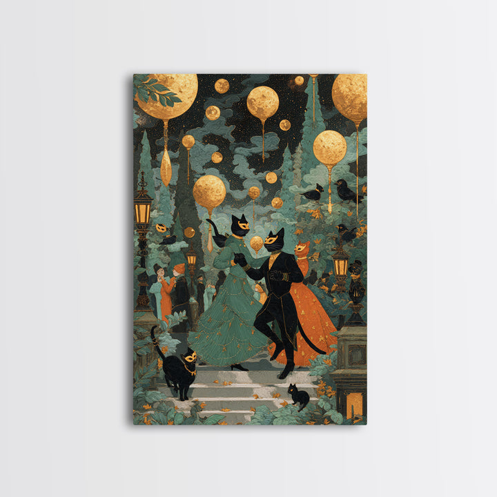 The Moonlit Cat Masquerade - Surreal Celestial Vision, Spooky Wall Decor, Vertical Wall Art, Framed Canvas Print, Halloween Home Decor