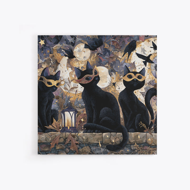 The Moonlit Cat Masquerade - Surreal Celestial Vision, Occult Wall Decor, Square Wall Art, Canvas Print, Halloween Home Decor