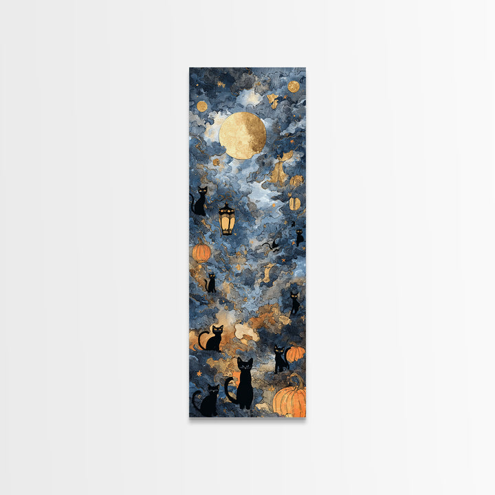 The Moonlit Cat Masquerade - Surreal Celestial Vision, Occult Wall Decor, Tall Narrow Wall Art, Canvas Print, Halloween Home Decor
