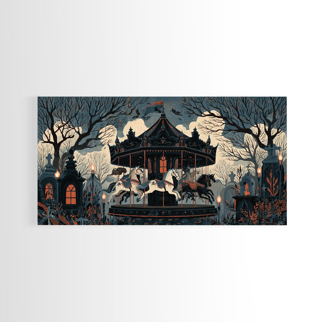 The Graveyard Carousel - Icon Portrait, Occult Wall Decor, Wide Panoramic Art, Canvas Print, Halloween Home Decor, Gothic Wall Art