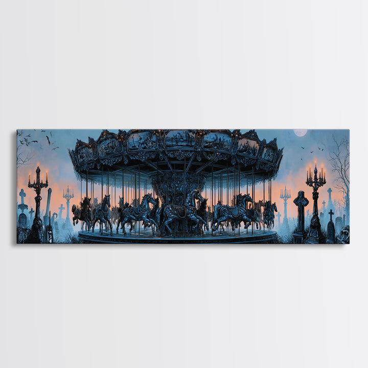 The Graveyard Carousel - Icon Portrait, Dark Fantasy Wall Art, Extra Wide Wall Art, Canvas Print, Halloween Home Decor, Gothic Wall Art