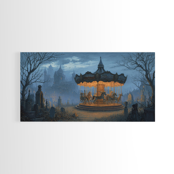 The Graveyard Carousel - Environmental Panorama, Spooky Wall Decor, Wide Panoramic Art, Framed Canvas Print, Halloween Home Decor