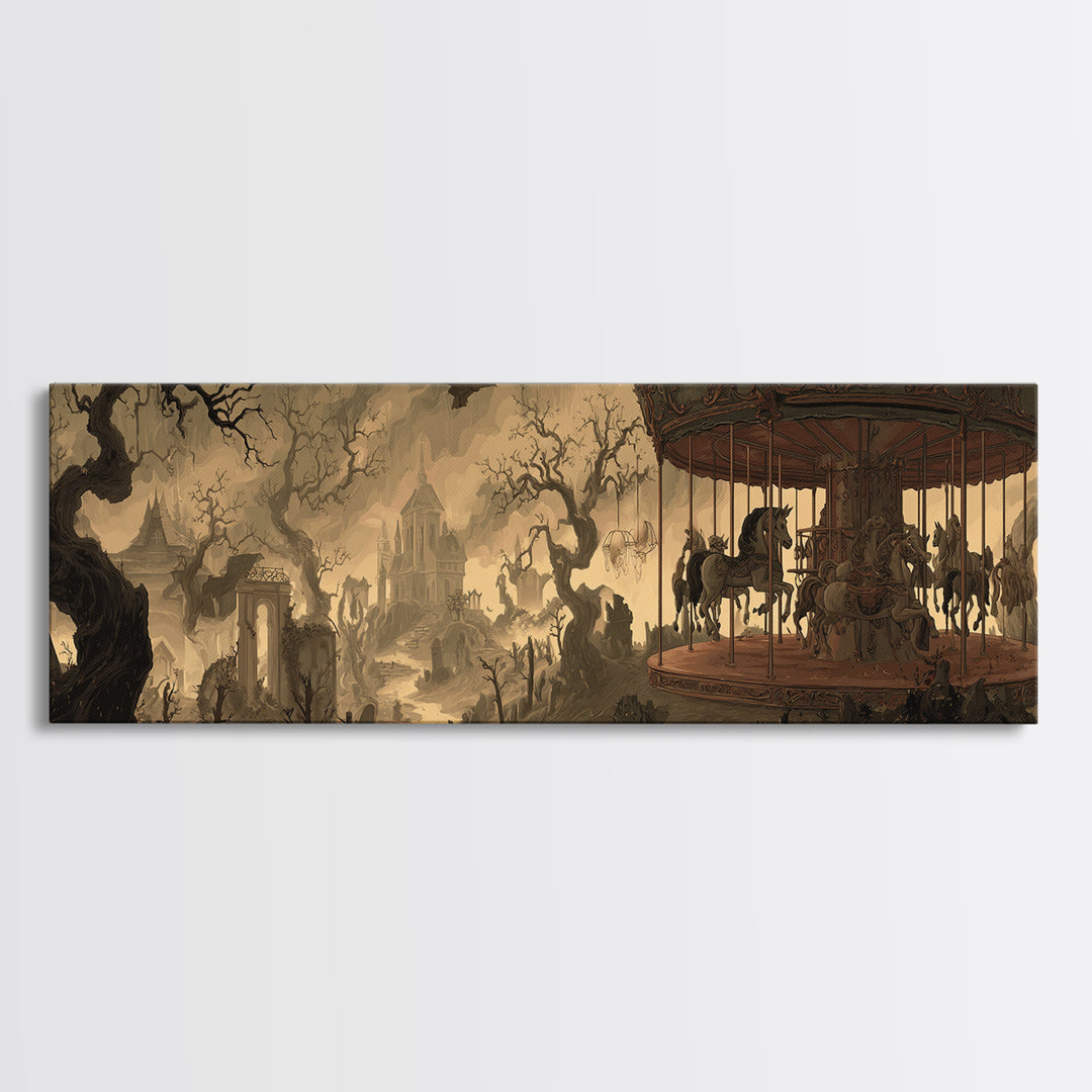 The Graveyard Carousel - Environmental Panorama, Dark Fantasy Wall Art, Extra Wide Wall Art, Canvas Print, Halloween Home Decor