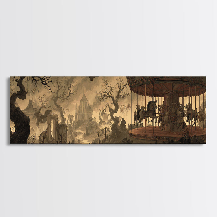 The Graveyard Carousel - Environmental Panorama, Dark Fantasy Wall Art, Extra Wide Wall Art, Canvas Print, Halloween Home Decor