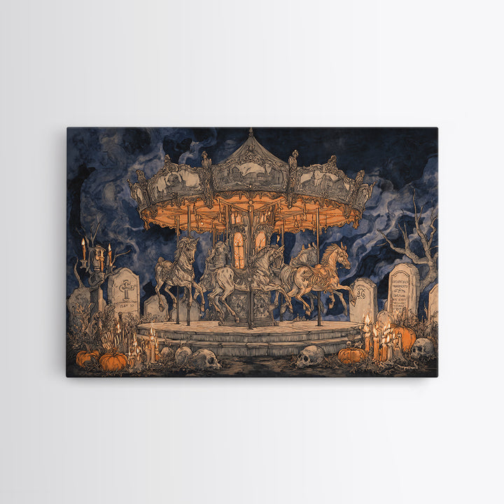 The Graveyard Carousel - Occult Still Life, Macabre Halloween Art, Landscape Wall Art, Framed Canvas Print, Halloween Home Decor
