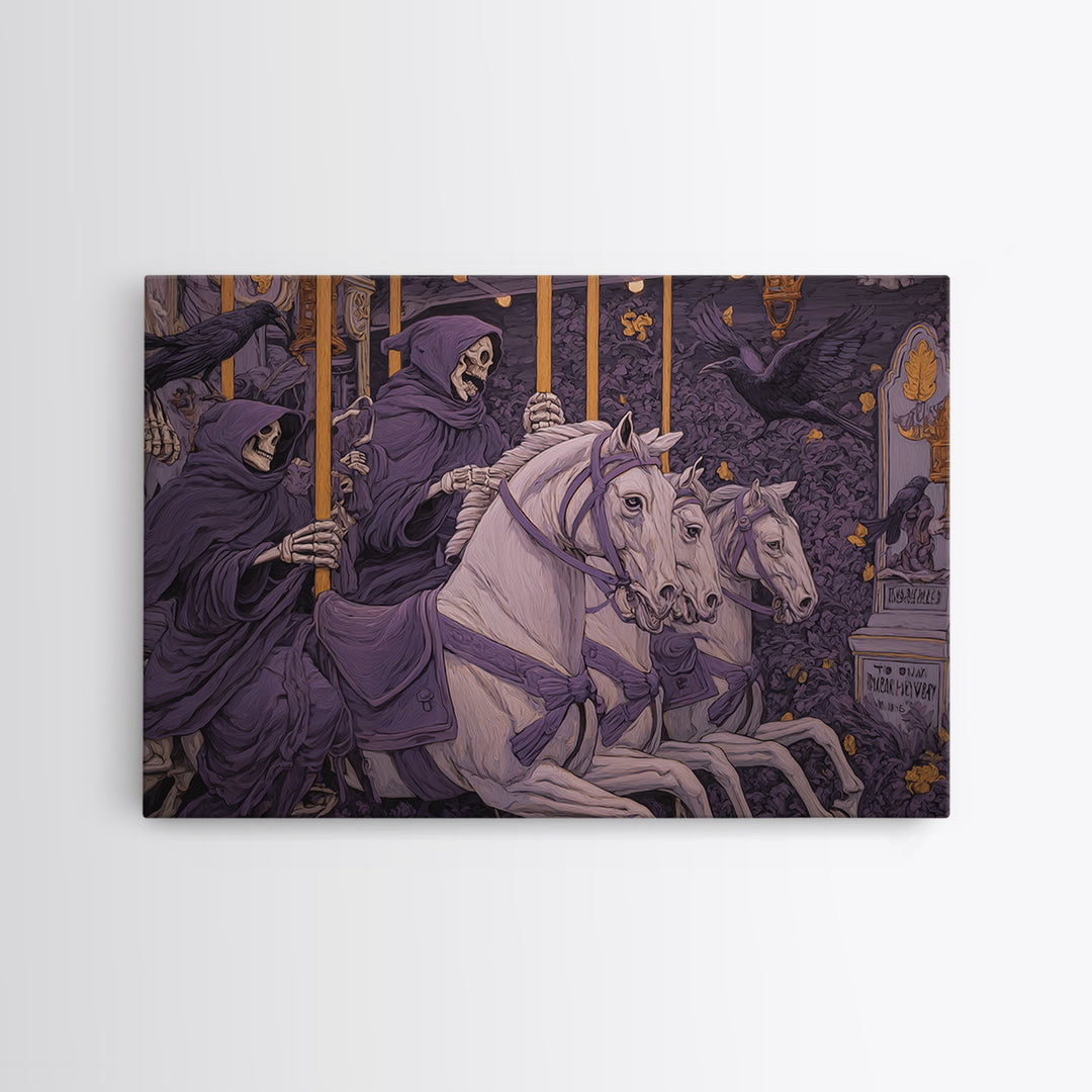 The Graveyard Carousel - Procession Scene, Macabre Halloween Art, Landscape Wall Art, Framed Canvas Print, Halloween Home Decor