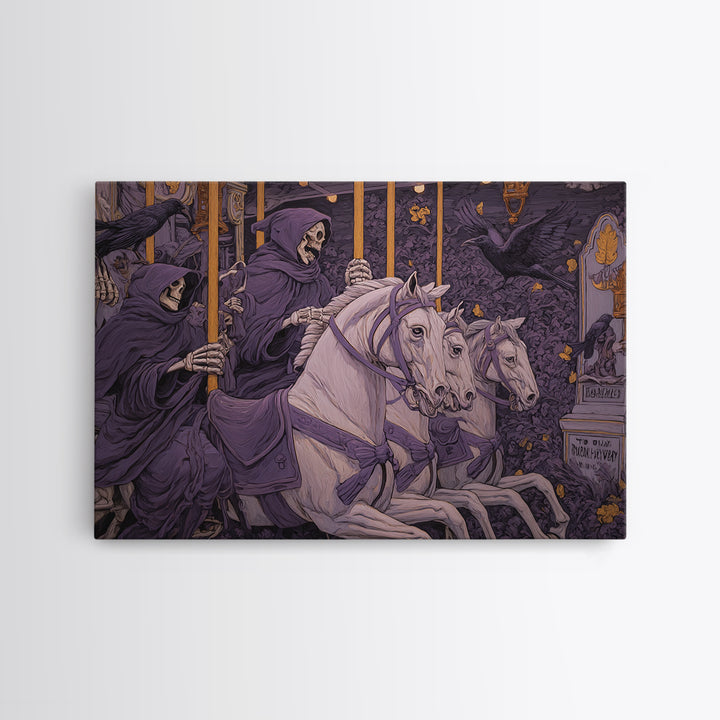 The Graveyard Carousel - Procession Scene, Macabre Halloween Art, Landscape Wall Art, Framed Canvas Print, Halloween Home Decor