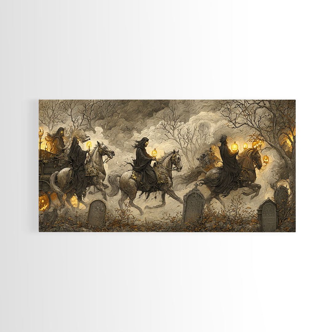 The Graveyard Carousel - Procession Scene, Halloween Wall Art, Wide Panoramic Art, Framed Canvas Print, Halloween Home Decor