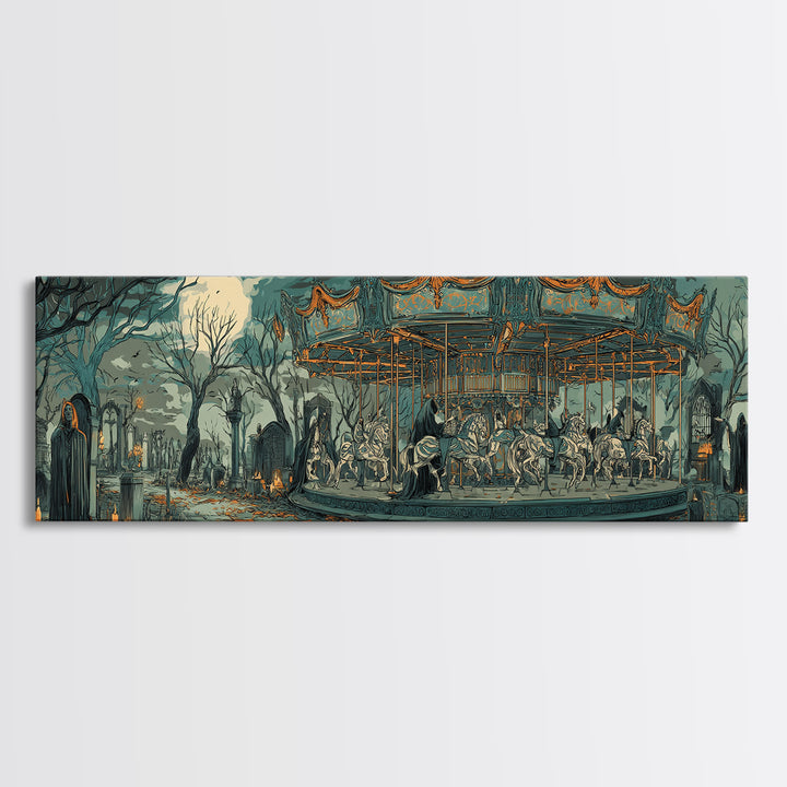 The Graveyard Carousel - Procession Scene, Halloween Wall Art, Extra Wide Wall Art, Framed Canvas Print, Halloween Home Decor