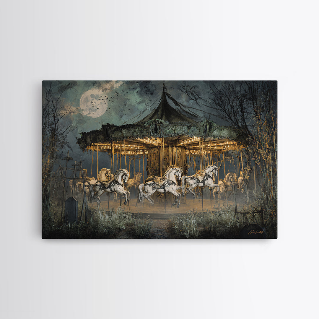 The Graveyard Carousel - Surreal Celestial Vision, Spooky Wall Decor, Landscape Wall Art, Framed Canvas Print, Halloween Home Decor