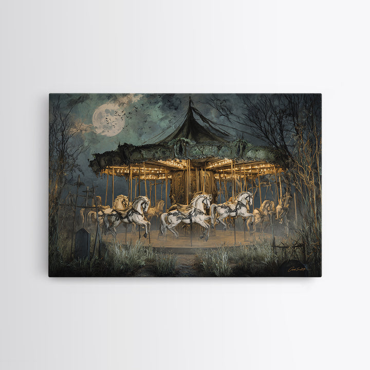 The Graveyard Carousel - Surreal Celestial Vision, Spooky Wall Decor, Landscape Wall Art, Framed Canvas Print, Halloween Home Decor