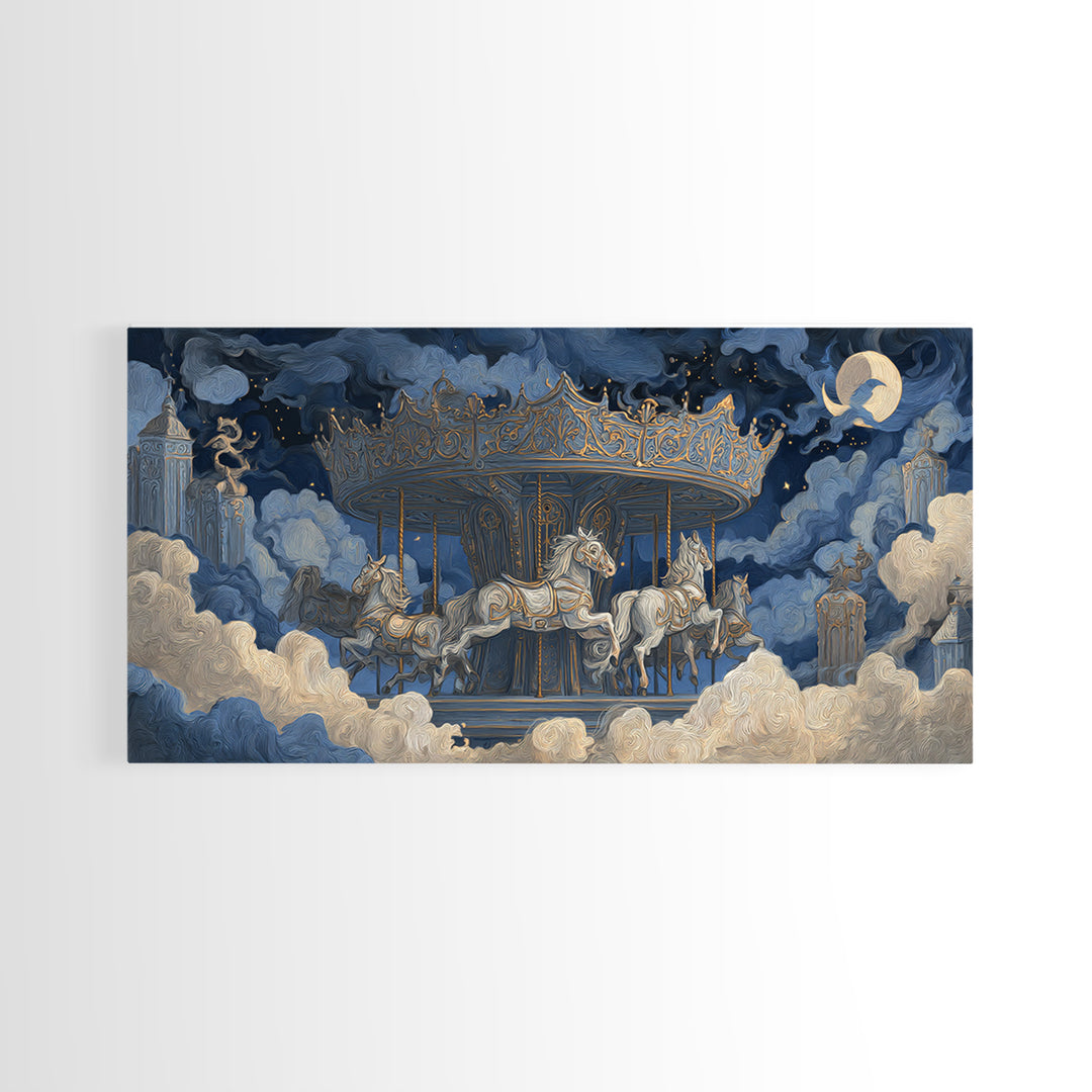 The Graveyard Carousel - Surreal Celestial Vision, Halloween Wall Art, Wide Panoramic Art, Framed Canvas Print, Halloween Home Decor