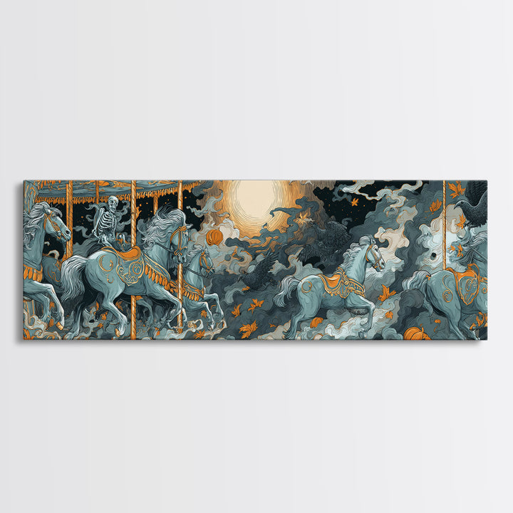 The Graveyard Carousel - Surreal Celestial Vision, Spooky Wall Decor, Extra Wide Wall Art, Framed Canvas Print, Halloween Home Decor