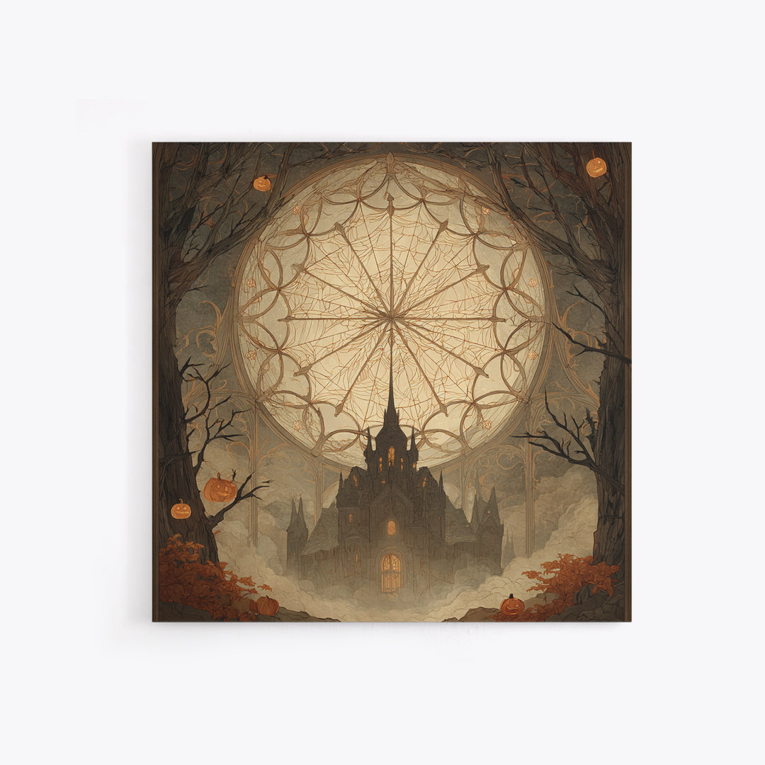 The Spiderweb Cathedral Window - Icon Portrait, Occult Wall Decor, Square Wall Art, Canvas Print, Halloween Home Decor, Gothic Wall Art