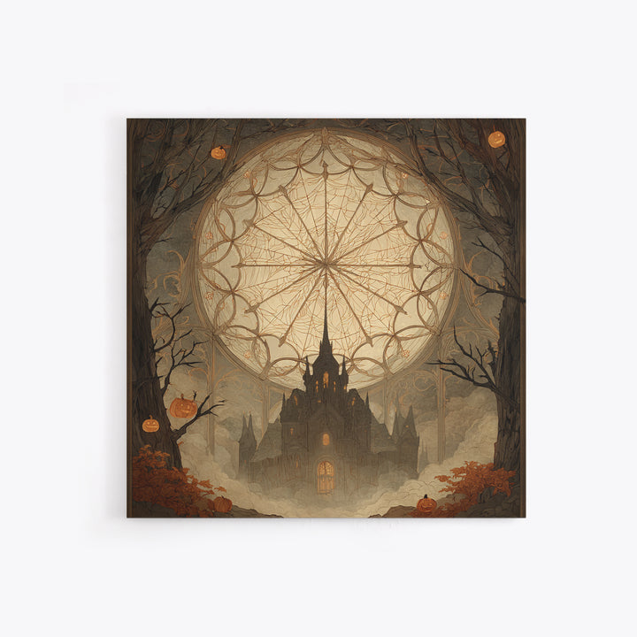 The Spiderweb Cathedral Window - Icon Portrait, Occult Wall Decor, Square Wall Art, Canvas Print, Halloween Home Decor, Gothic Wall Art