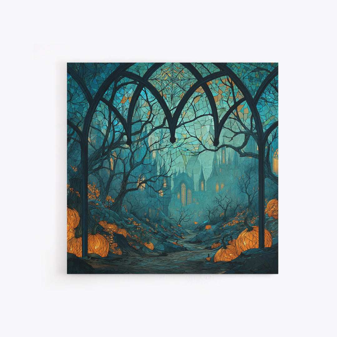 The Spiderweb Cathedral Window - Environmental Panorama, Halloween Wall Art, Square Wall Art, Framed Canvas Print, Halloween Home Decor
