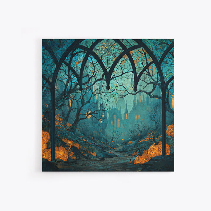 The Spiderweb Cathedral Window - Environmental Panorama, Halloween Wall Art, Square Wall Art, Framed Canvas Print, Halloween Home Decor