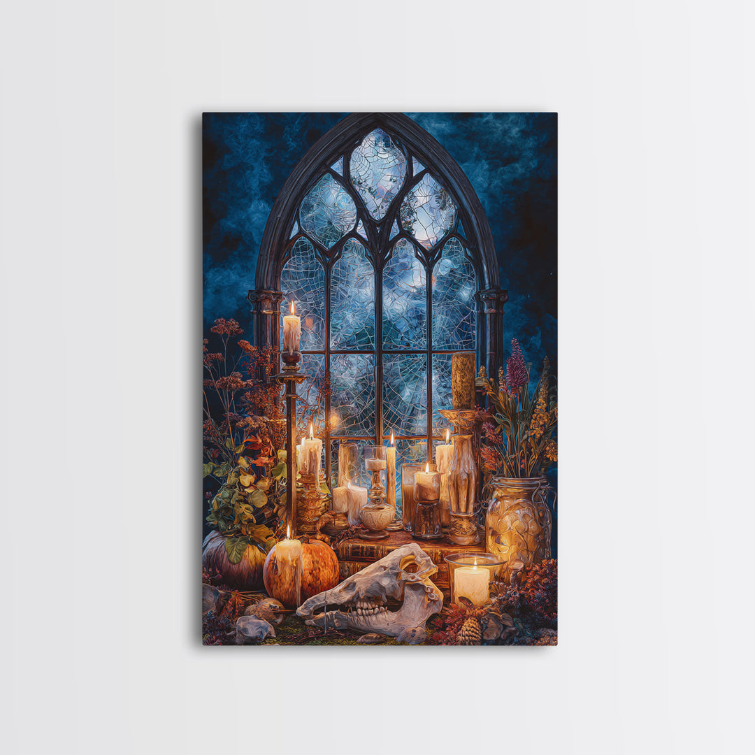 The Spiderweb Cathedral Window - Occult Still Life, Dark Fantasy Wall Art, Vertical Wall Art, Canvas Print, Halloween Home Decor