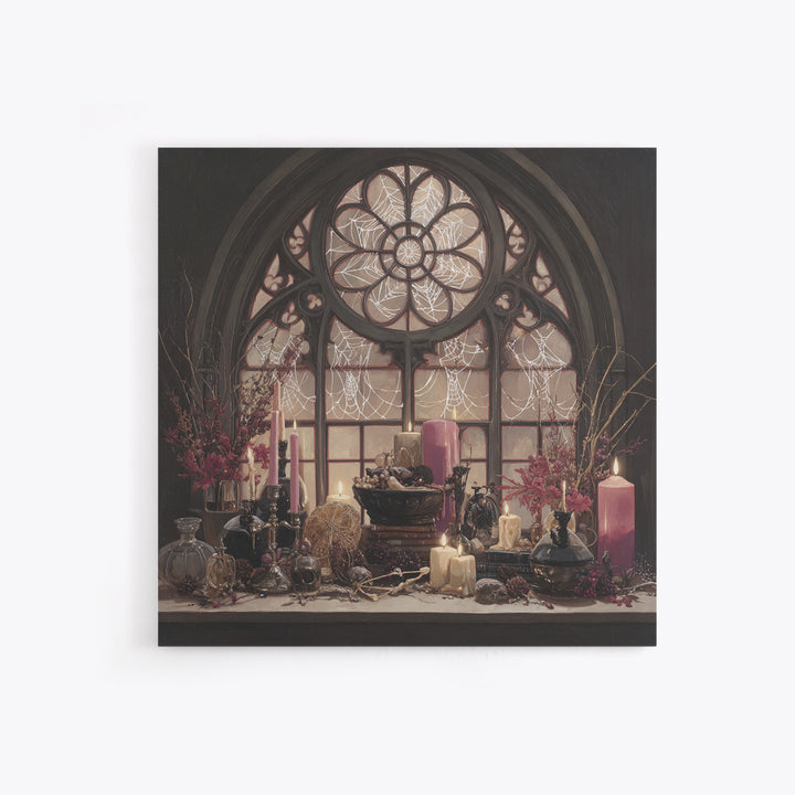 The Spiderweb Cathedral Window - Occult Still Life, Spooky Wall Decor, Square Wall Art, Framed Canvas Print, Halloween Home Decor