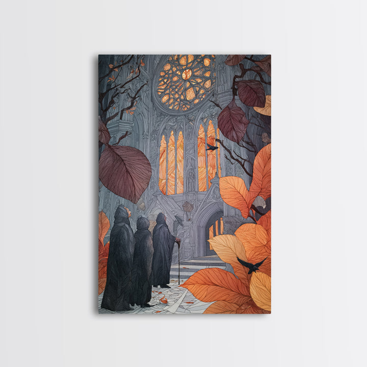 The Spiderweb Cathedral Window - Procession Scene, Halloween Wall Art, Vertical Wall Art, Framed Canvas Print, Halloween Home Decor