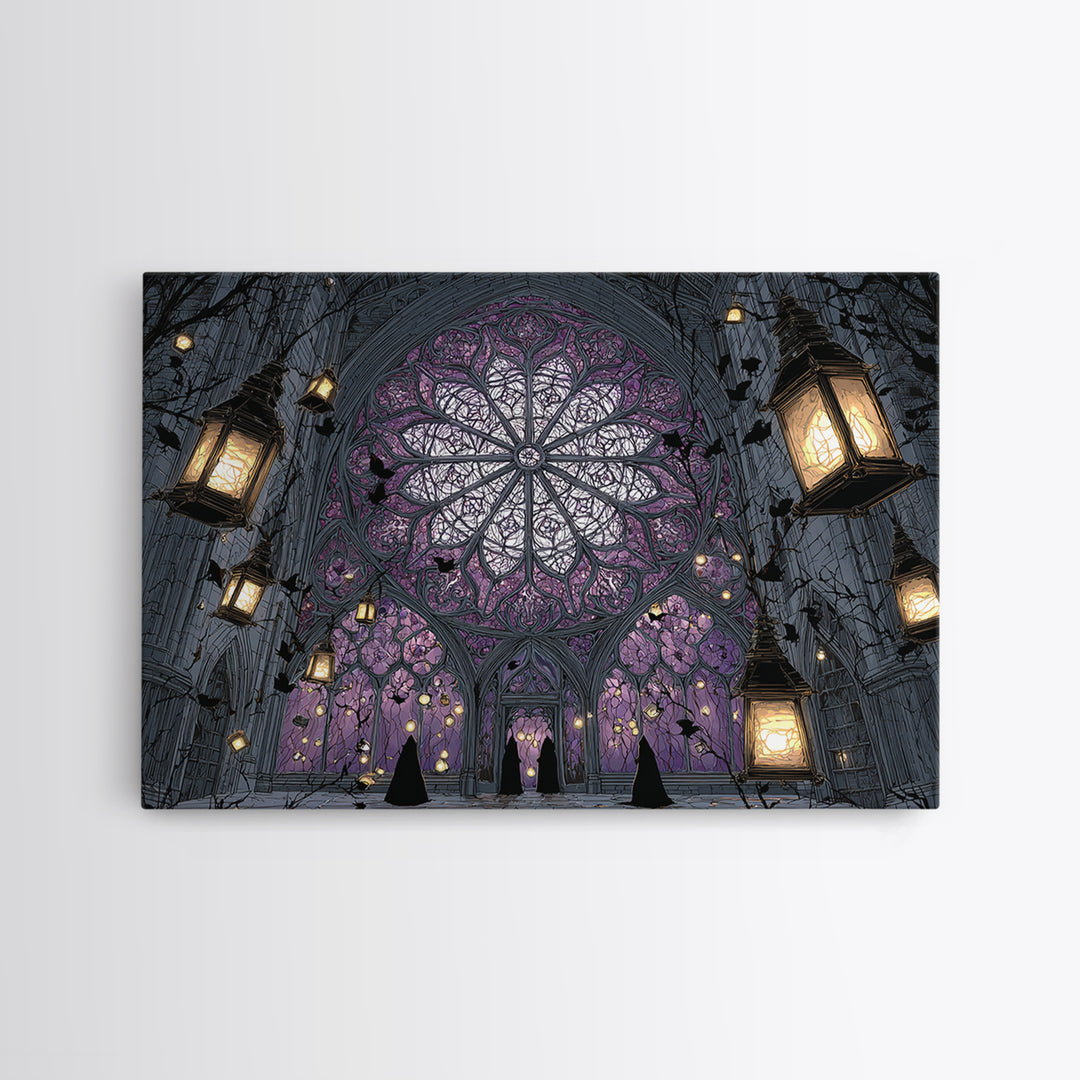 The Spiderweb Cathedral Window - Procession Scene, Occult Wall Decor, Landscape Wall Art, Canvas Print, Halloween Home Decor