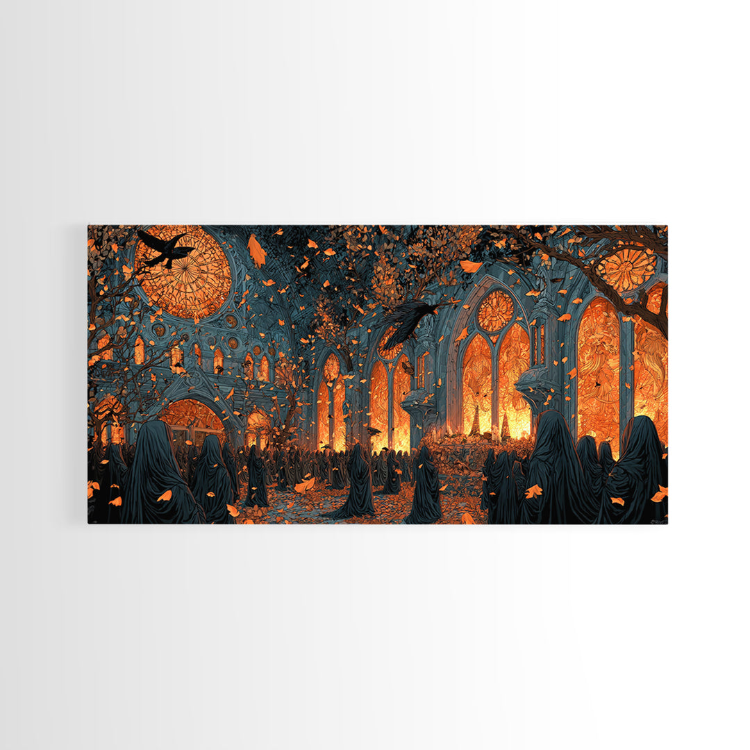 The Spiderweb Cathedral Window - Procession Scene, Occult Wall Decor, Wide Panoramic Art, Canvas Print, Halloween Home Decor