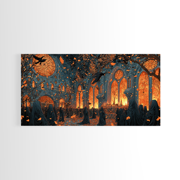 The Spiderweb Cathedral Window - Procession Scene, Occult Wall Decor, Wide Panoramic Art, Canvas Print, Halloween Home Decor