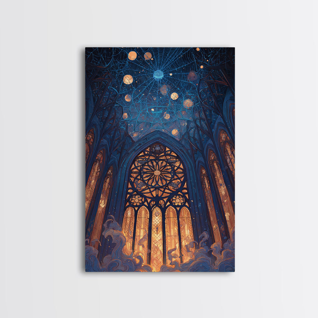 The Spiderweb Cathedral Window - Surreal Celestial Vision, Gothic Home Decor, Vertical Wall Art, Canvas Print, Halloween Home Decor