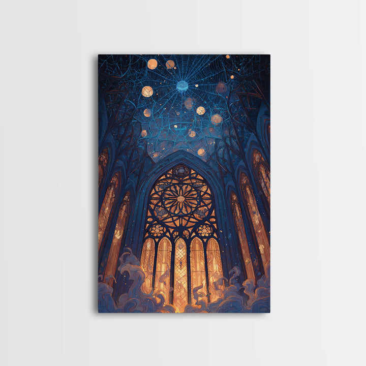 The Spiderweb Cathedral Window - Surreal Celestial Vision, Gothic Home Decor, Vertical Wall Art, Canvas Print, Halloween Home Decor